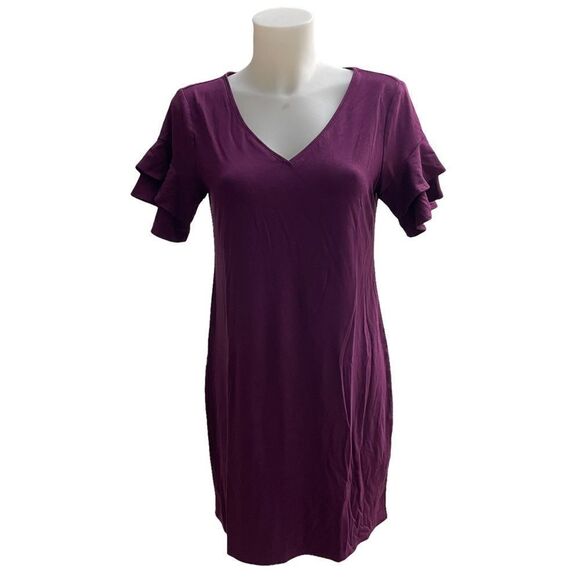 WHITE HOUSE BLACK MARKET PURPLE SHIFT DRESS, V neck SHORT FLUTTER SLEEVE SZ M - Picture 1 of 11